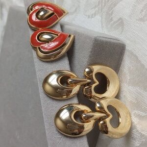 Vintage High End Costume Gold and Red Heart Earrings Set